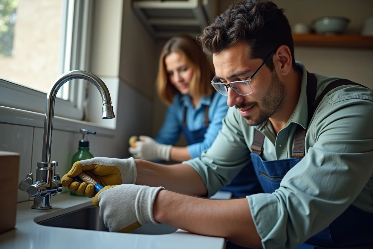 Técnico inspeccionando tubería bajo lavadero