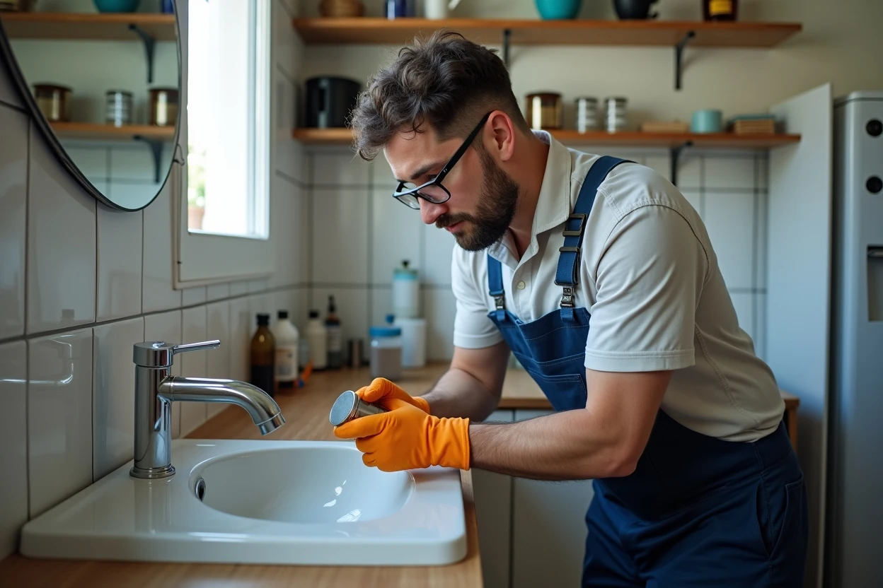 Técnico realizando diagnóstico de tubería bajo lavabo