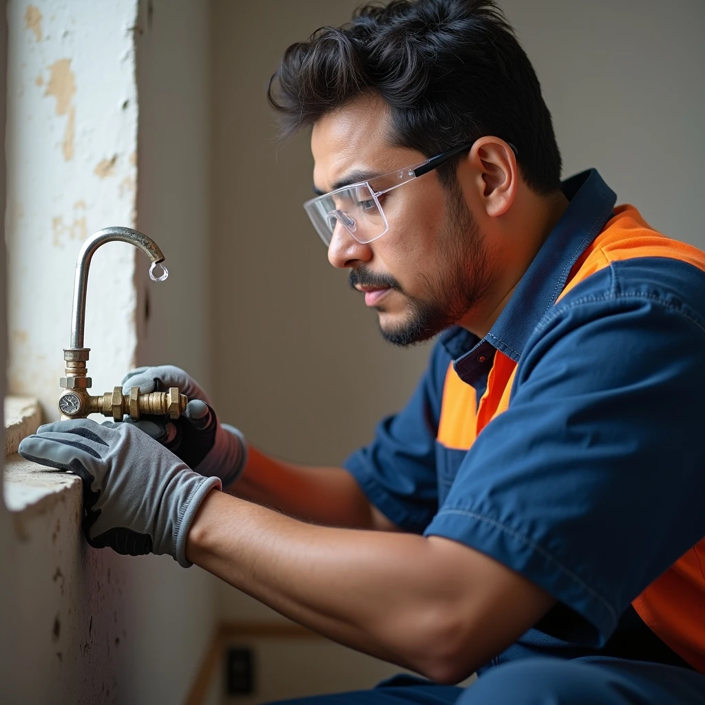Técnico revisando tubería bajo lavadero en vivienda