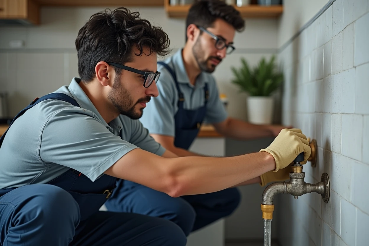 Técnico revisando tubería debajo de lavadero